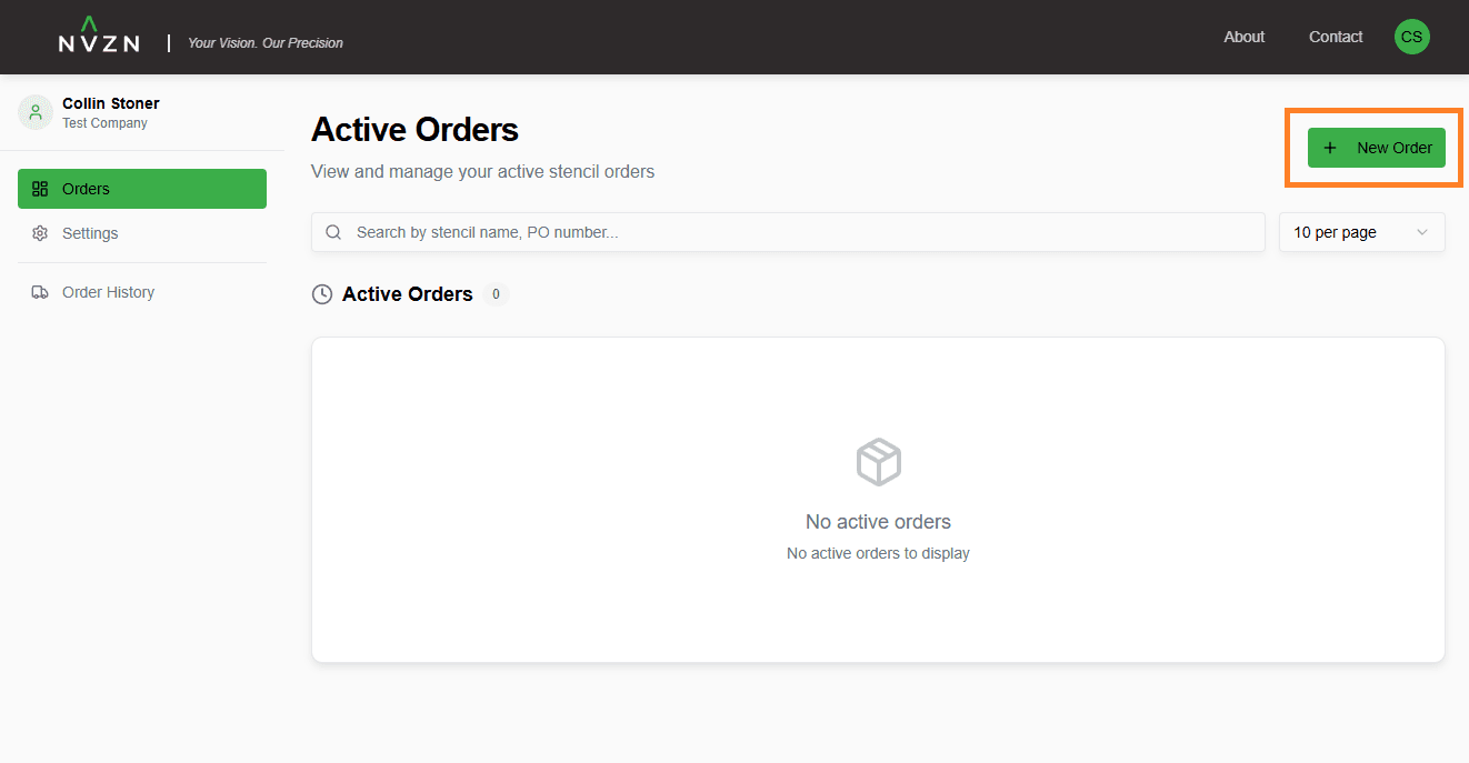 Dashboard showing the + New Order button
